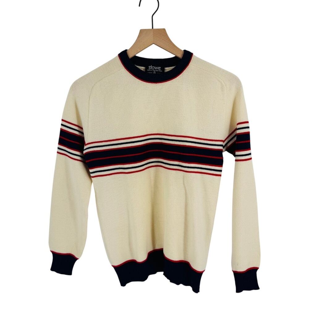 Vintage STOWE Striped Wool Sweater Cream Navy Red Pullover Crewneck‎ Size L
